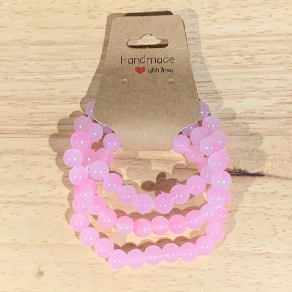Handmade Beaded Bracelet Women OS Pink 3 Piece Set Stretch Glass Bead Barbiecore